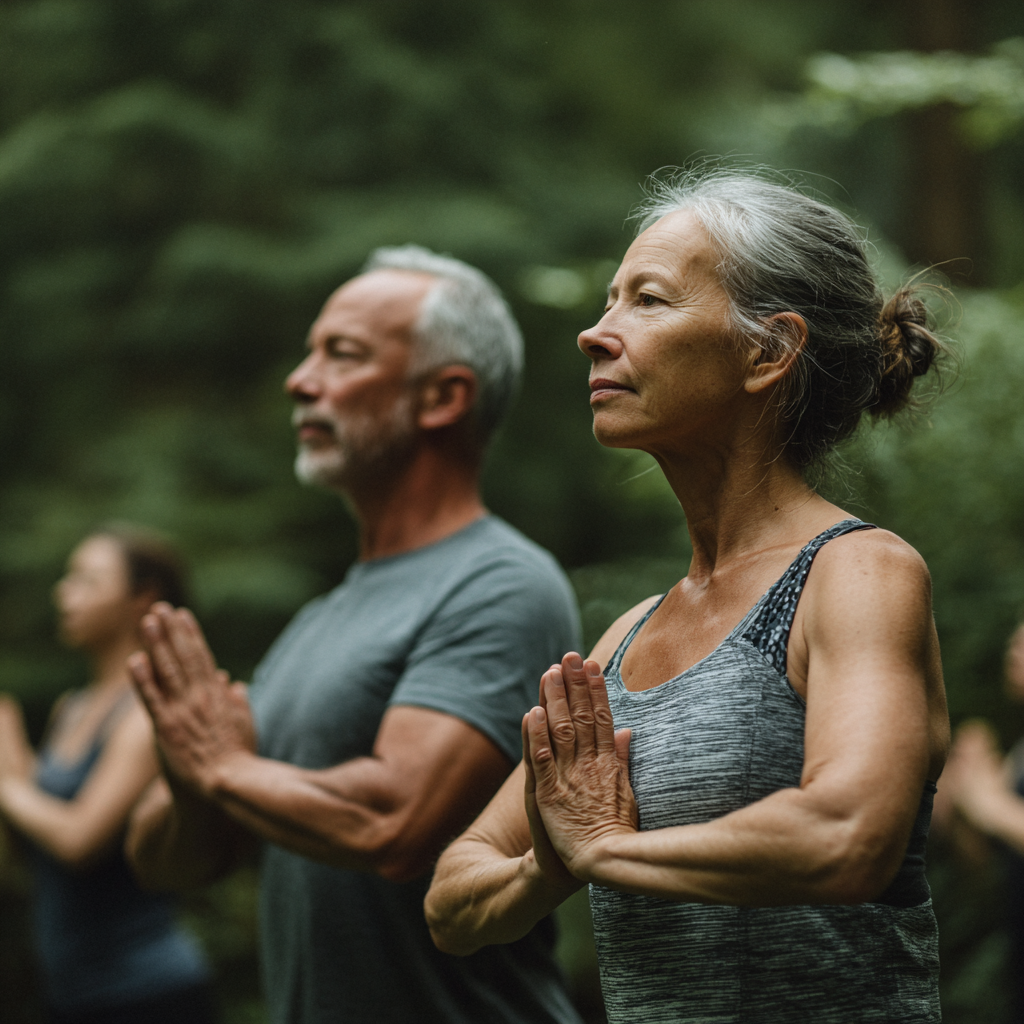 Middle-aged adults practicing gentle fitness movements in a natural setting