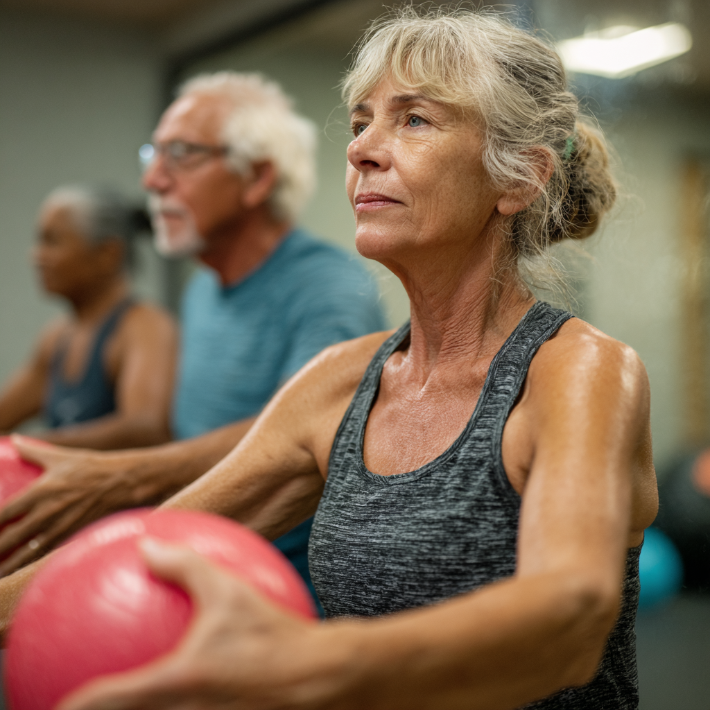 Older adults engaged in balanced fitness activities focusing on core strength and stability